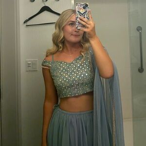 Light Blue Layered Lehenga With Embroidered Blouse And Dupatta (Set of 3)